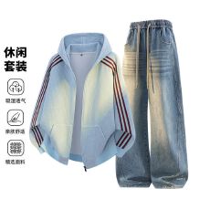 跨境2026秋冬新款美式条纹连帽外套复古牛仔裤男士大码宽松两件套