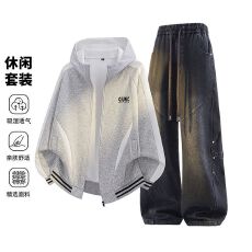 批发跨境2026春<b class='q'>秋</b>冬新款大码男装运动风连帽夹克复古水洗牛仔裤两件套