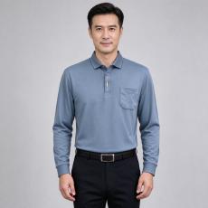 批发实体秋冬男中年爸爸薄款长袖打底衫时尚翻领纯色棉质休闲口袋T恤