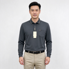 批发实体秋冬男中年爸爸薄款长袖打底衫时尚翻领纯色棉质休闲口袋T恤