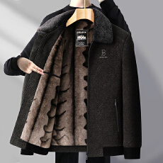 批发冬季新款翻领加绒夹克男士中年雪尼尔毛呢外套金貂绒大衣爸爸装