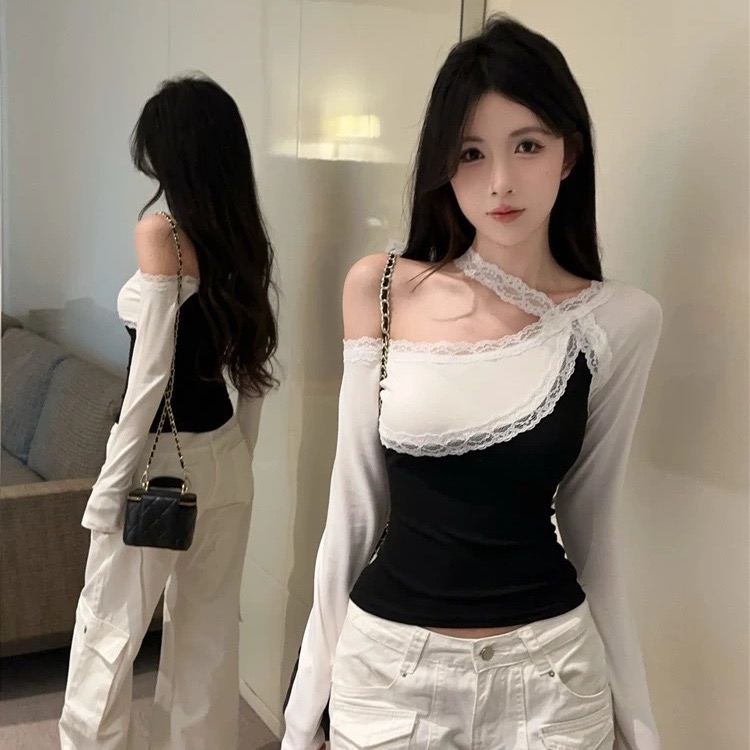 FA36528# 人棉气质假两件长袖T恤女早秋辣妹一字肩露肩蕾丝上衣 服裝批發女裝批發服飾貨源