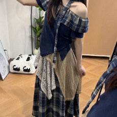 批发法式复古一字肩格子短袖上衣女学生夏季新款不规则半身裙两件套装