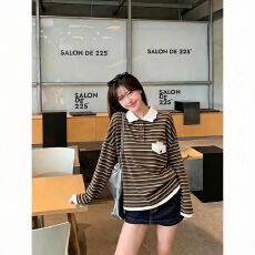 批发雪花棉花瓣领条纹长袖<b class='q'>t</b><b class='q'>恤</b>女早秋新款韩系慵懒松弛感polo领上衣