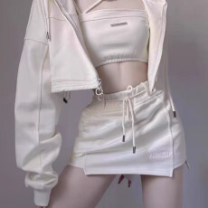 批发甜辣妹纯欲套装裙女<b class='q'>秋</b>冬季小个子短款卫衣背心+a字包臀短裙三件套