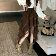 批发设计感<b class='q'>时尚</b>百搭不规则蕾丝花边拼接层次感中长款半身裙a字裙女
