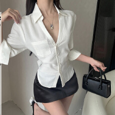 批发气质<b class='q'>欧美</b>风漏腰系带衬衫夏季辣妹翻领单排扣修身显瘦收腰衬衣