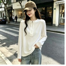 批发白色半拉链长袖T恤女2026早秋新款宽松显瘦打底衫休闲洋气上衣棉