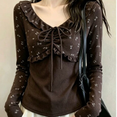 批发韩系复古碎花假两件娃娃领长袖t恤女秋季新款修身荷叶边系带上衣
