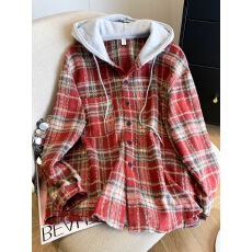 批发韩系复古格纹连帽毛呢<b class='q'>衬衫</b>外套女秋冬加厚宽松慵懒风长袖<b class='q'>衬衣</b>上衣