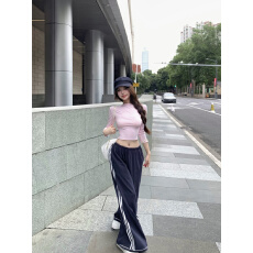 批发实拍实价 粉色修身显瘦<b class='q'>七分</b>袖内搭打底衫T恤短款上衣休闲长裤阔腿