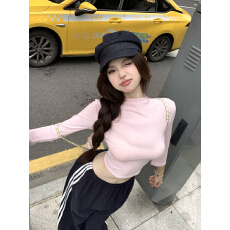 批发实拍实价 粉色修身显瘦<b class='q'>七分</b>袖内搭打底衫T恤短款上衣休闲长裤阔腿