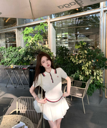 실사 정가 산소 소녀 네트워킹 공 시리즈 후아 남편 그리드 니트 polo 미니 스커트 세트