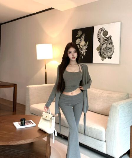 실사 정가 단색 외출용 슬립 여성 벨트 가슴 패드 어깨 패드 이른 가을 니트 오픈 가디건 두 조각 여성 세트