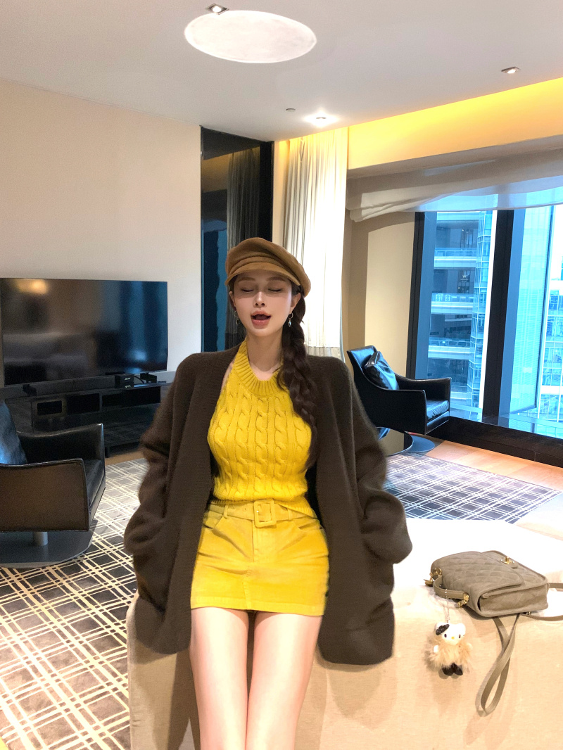 실사 정가 V넥 니트 스웨터 루즈핏 긴팔 느긋한 바람 스웨터 코트 꽈배기 니트 행침 목 조끼