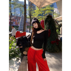 批发实拍实价 美式不规则秋冬半高领<b class='q'>修身</b>镂空内搭上衣+颗粒绒卫裤