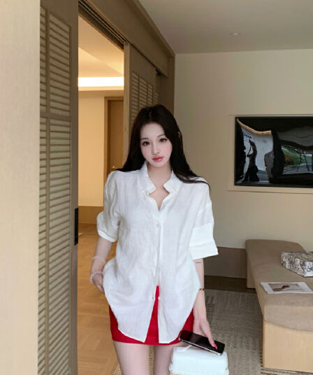 실사 정가 자연 산소 오른쪽 느슨함 지배 1oo 아마 수공 뒤집다 Pleat 볼륨 측면 소매 루즈핏 셔츠