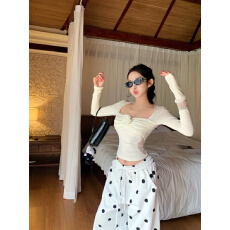 批发实拍实价 法式气质方领长袖修身<b class='q'>打底</b>衫针织衫内搭蕾丝短款上衣