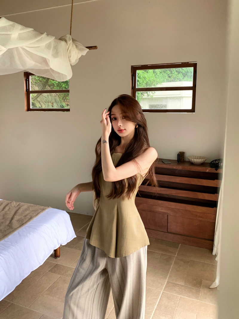 실사 정가 오래된 돈 바람 조끼 여성 여름 허리 수축 맨위 새로운 품격 다용도 스트라이프 캐주얼 바지 세트