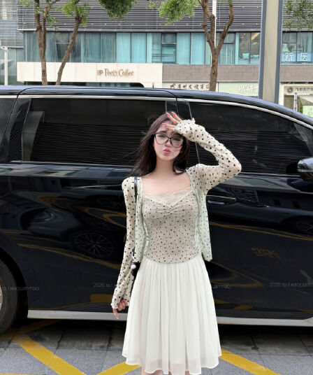 실사 정가 순수한 욕망 레이스 조각 페이크 레이어드 슬립 오픈 가디건 맨위 여성