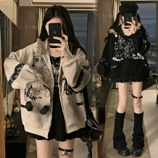 批发实拍 破烂街区美式复古手绘印花兔耳朵毛领连帽卫衣宽松外套