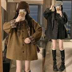批发实拍 复古格纹连帽可拆卸毛呢外套女设计感宽松百搭中长大衣