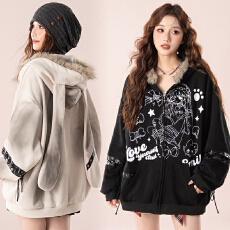 批发实拍 破烂街区美式复古手绘印花兔耳朵毛领连帽卫衣宽松外套