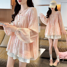 批发实拍 新款夏日<b class='q'>甜美</b>淡粉色纯苎麻宽松防晒衬衫