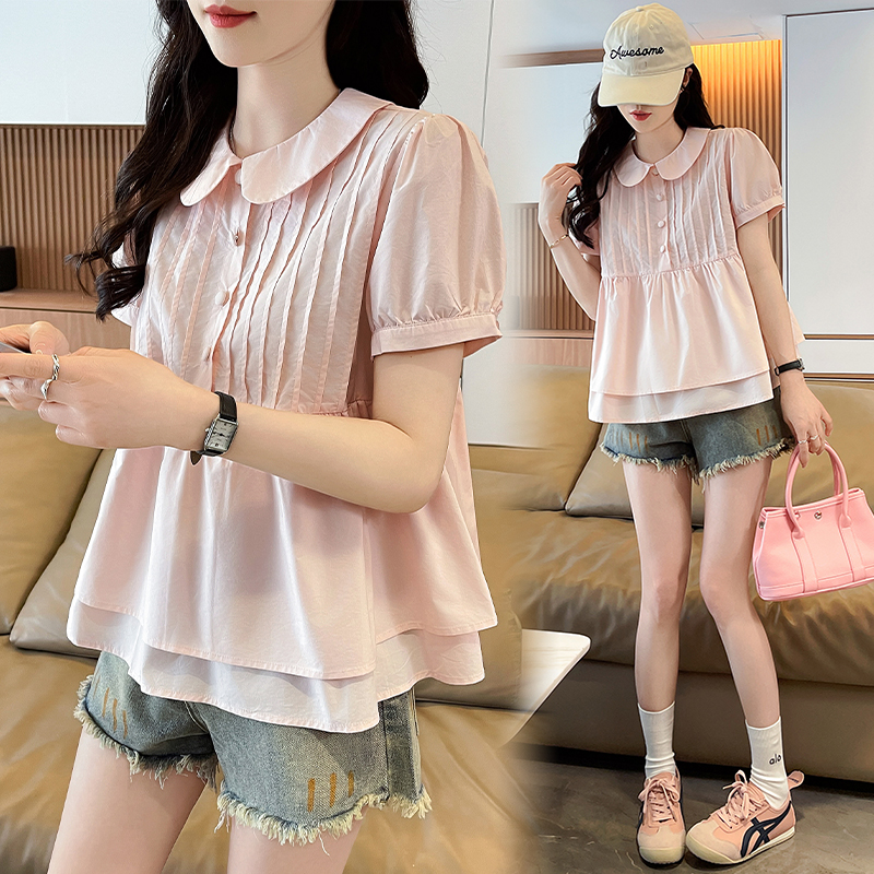 RY3877# 实拍 白桃乌龙 粉色少女感泡泡袖遮肉衬衣娃娃领褶皱衬衫夏