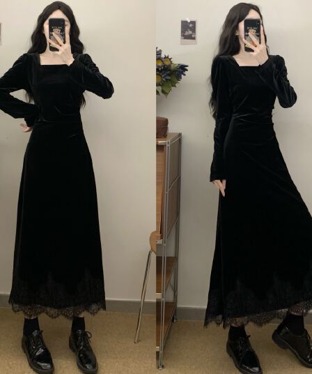 실사 2026 프랑스식 광장 칼라 미니멀리즘 절묘한 우아함 작은 여자 허리 수축 슬림해 보이는 레이스 측면 벨벳 드레스