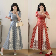 批发实拍~2026新款法式方领蕾丝拼接格子大码连衣裙漂亮独特小众裙子