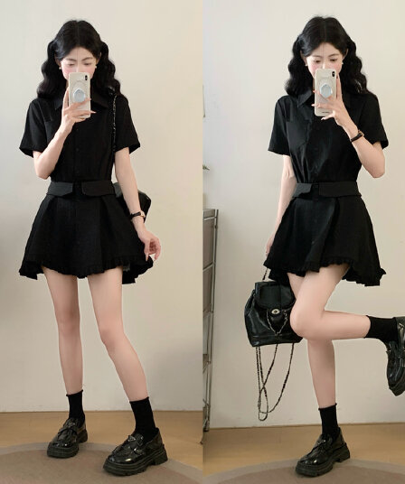 실사 2026 빅 사이즈 여성 의류 프랑스식 품격 페이크 레이어드 셔츠 드레스 지방 mm 고급 센스 프릴 드레스