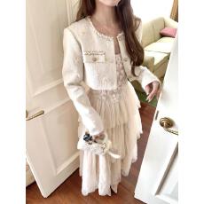 批发法式名媛千金风显瘦设计感立体花朵短外套<b class='q'>网纱</b>拼接长<b class='q'>裙</b><b class='q'>连衣裙</b>套装