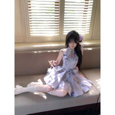 批发夏季新中式国风小众挂脖<b class='q'>无袖</b>设计镂空蝴蝶结收腰显瘦复古连衣<b class='q'>裙</b>女
