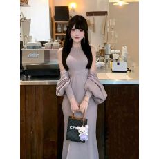 批发甜美少女紫色针织毛衣罩衫纯欲风圆领收腰显瘦背心连衣裙套装女秋