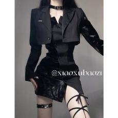 批发早秋新款甜辣风气质短款百搭<b class='q'>西装</b>外套+拼接收腰显瘦吊带裙<b class='q'>套装</b>女