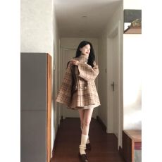 批发秋冬复古高级感中长款格纹呢子大衣气质宽松减龄双排扣毛呢外...