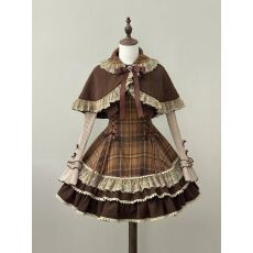 批发焦糖甜美软萌套装时尚斗篷蝴蝶结长袖上衣格纹吊带<b class='q'>蓬蓬</b>裙三件套女