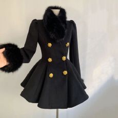 批发圣日尔曼小香风金扣毛领黑色收腰毛呢大衣女冬夹棉<b class='q'>毛呢外套</b>中长款
