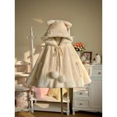 批发冬季新款毛绒绒甜美可爱少女感斗篷<b class='q'>毛呢外套</b>日系白色连帽斗篷披肩