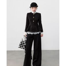 批发韩系复古黑色收腰外套蕾丝打底上衣高腰阔腿直筒裤三件套<b class='q'>女装</b>秋冬