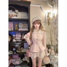 批发法式富家千金娃娃领小香风外套秋冬新款高腰显瘦蛋糕半身裙套装女