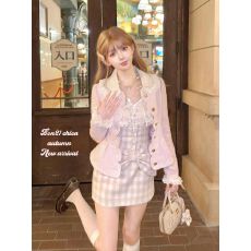 批发富家千金miu系双层领粗花呢小香风外套秋冬款高腰蛋糕半身裙套装