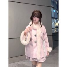批发甜美可爱风毛绒绒保暖毛呢外套2025冬季新款小个子樱花粉呢<b class='q'>子</b>大衣