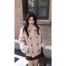 批发韩系甜美温柔风双排扣毛呢外套秋冬新款高腰修身显瘦半身裙套装女