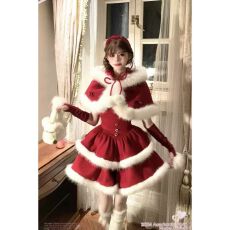 批发高级感红色新年战袍斗篷外套纯欲风性感毛绒拼接抹胸连衣裙两件套