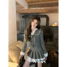 批发韩剧氛围感千金套装温莎大小姐花边拼接短款外套+双层高腰百褶裙