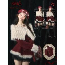 批发新年战袍红色一字肩毛呢外套女毛绒绒斗篷披肩半身裙小香风套装女