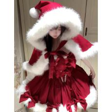 批发冬日初雪甜美纯欲少女感毛绒拼接斗篷外套收腰连衣裙两件套公主裙