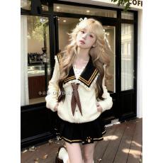 批发日系学院风甜美可爱水手服套装撞色海军领上衣收腰百褶短裙两件套